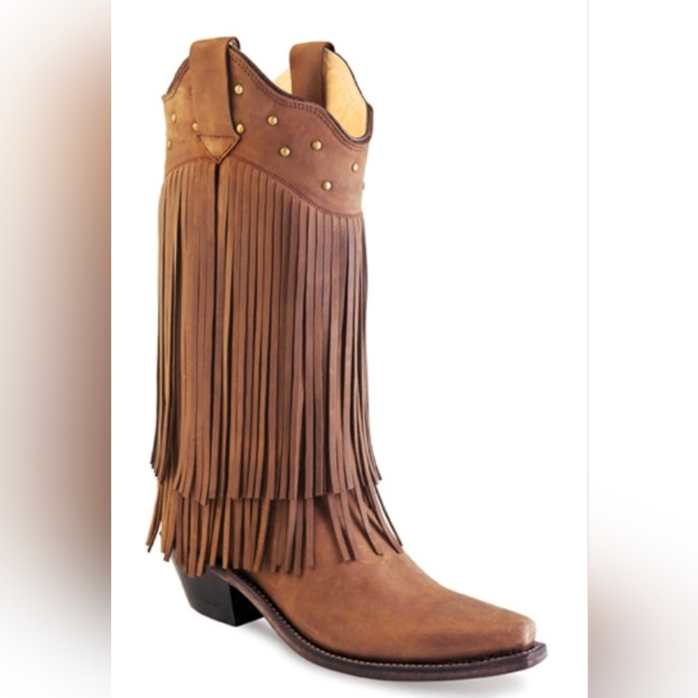 Old West Leather 12in Brown Fringe Cowgirl Boots